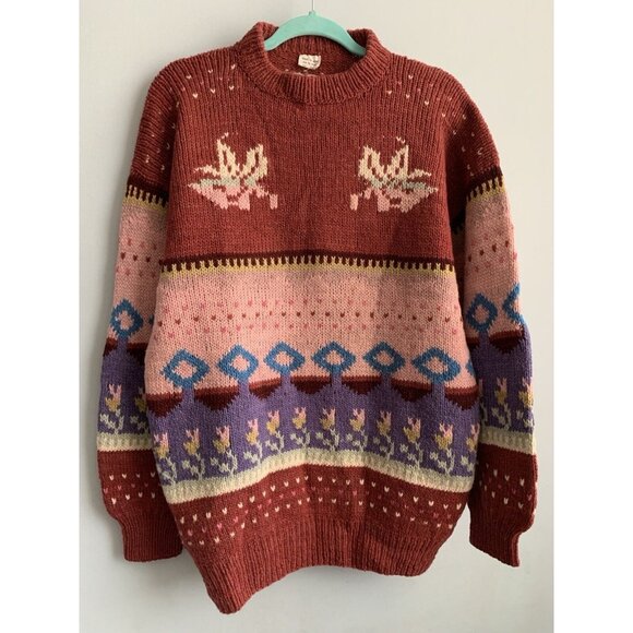 Vtg Peru Ethnic Fair Isle Womans 100% Wool M/L* Rose Pink Mauve Pullover Sweater - Picture 9 of 9